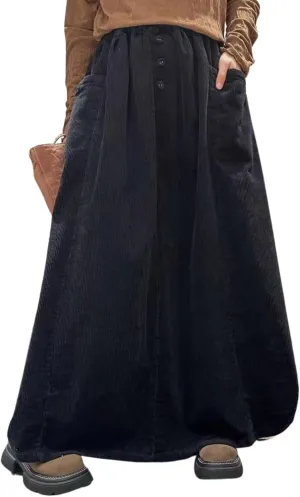 utcoco Womens Fall Corduroy Bubble Long Skirts Elastic Waist A Line Swing Maxi Skirt with Pockets