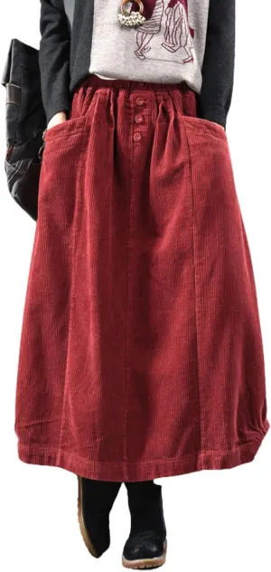 utcoco Womens Fall Corduroy Bubble Long Skirts Elastic Waist A Line Swing Maxi Skirt with Pockets