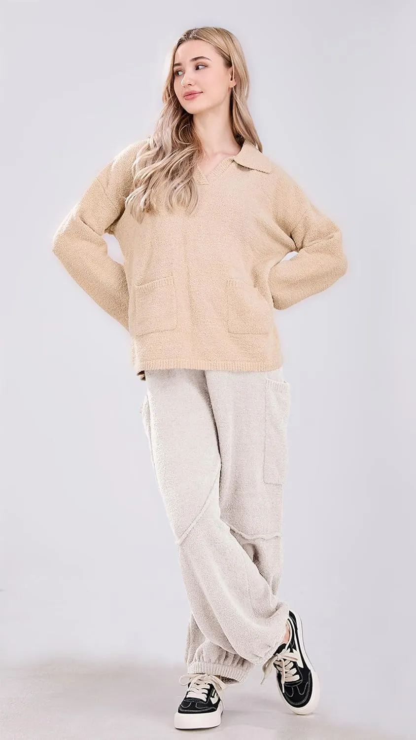utcoco Women's Fuzzy Fleece Wide Leg Pants Elastic Waist Knit Pants Casual Comfy Lounge Trousers with Pockets