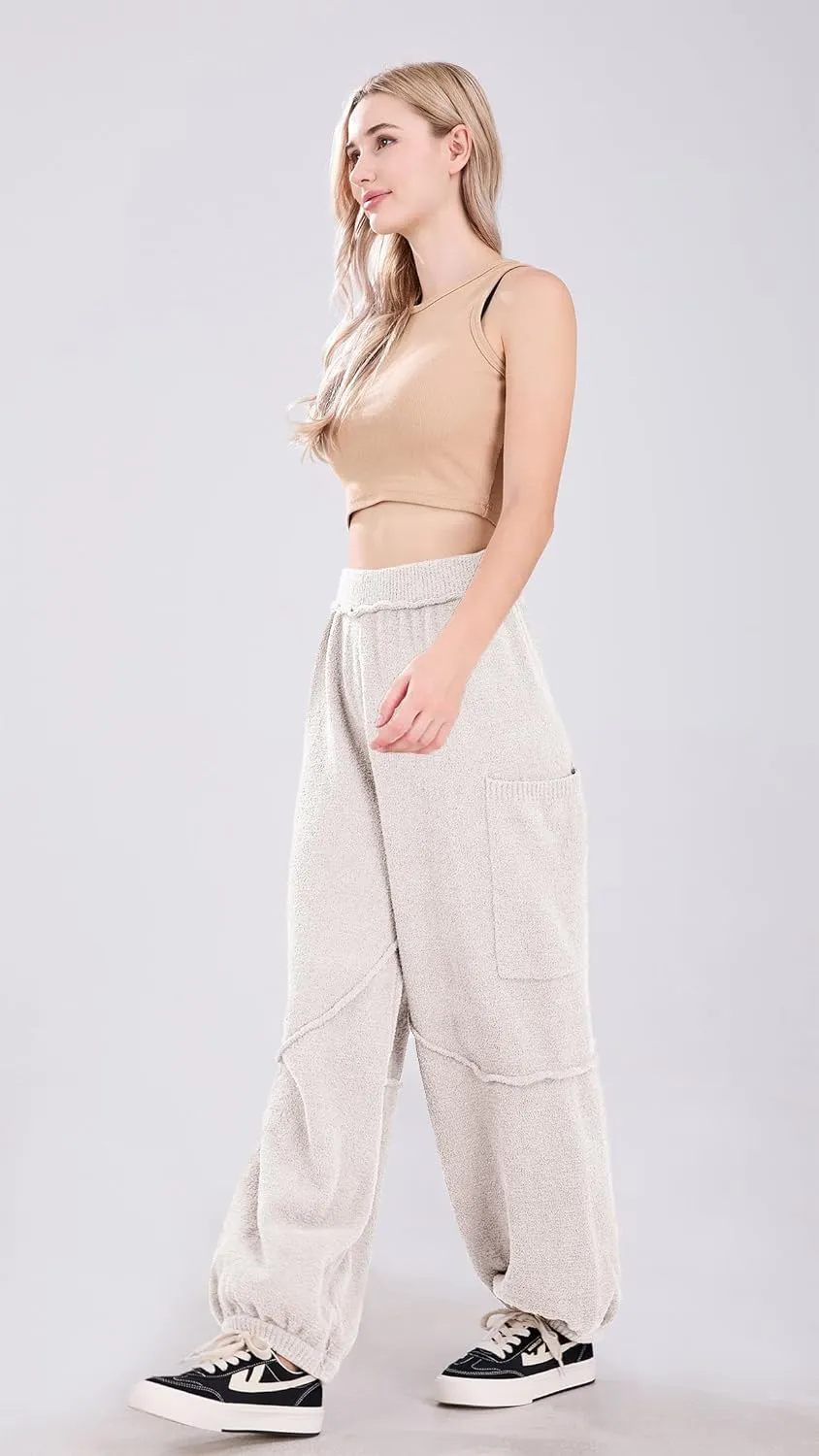 utcoco Women's Fuzzy Fleece Wide Leg Pants Elastic Waist Knit Pants Casual Comfy Lounge Trousers with Pockets