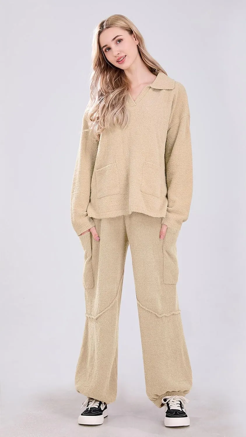utcoco Women's Fuzzy Fleece Wide Leg Pants Elastic Waist Knit Pants Casual Comfy Lounge Trousers with Pockets