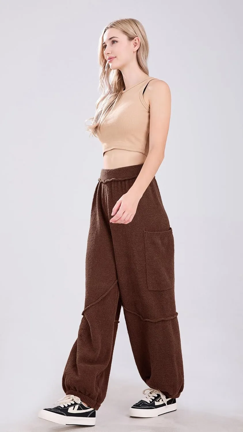 utcoco Women's Fuzzy Fleece Wide Leg Pants Elastic Waist Knit Pants Casual Comfy Lounge Trousers with Pockets