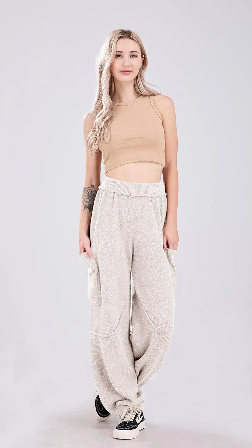 utcoco Women's Fuzzy Fleece Wide Leg Pants Elastic Waist Knit Pants Casual Comfy Lounge Trousers with Pockets