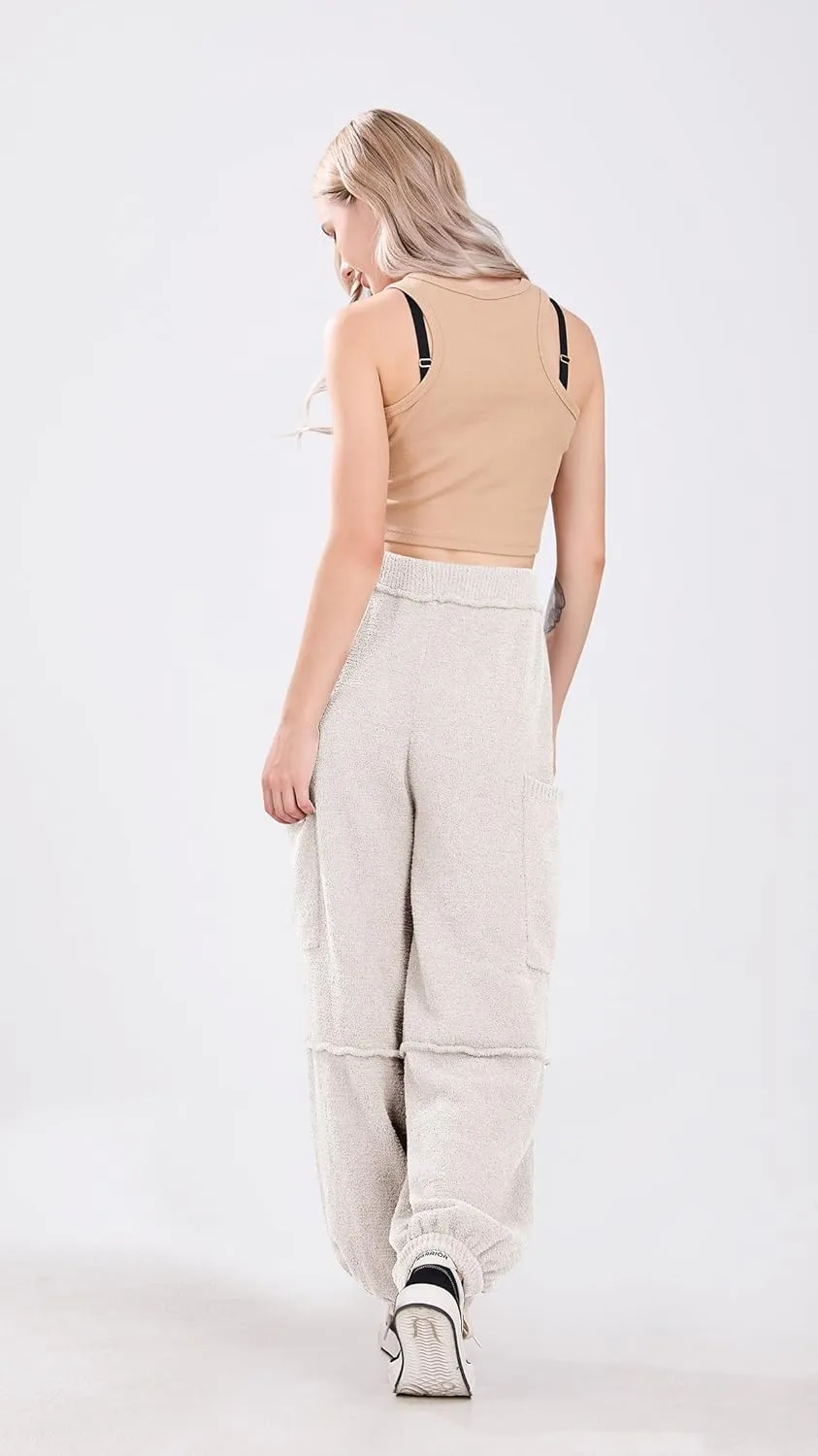 utcoco Women's Fuzzy Fleece Wide Leg Pants Elastic Waist Knit Pants Casual Comfy Lounge Trousers with Pockets