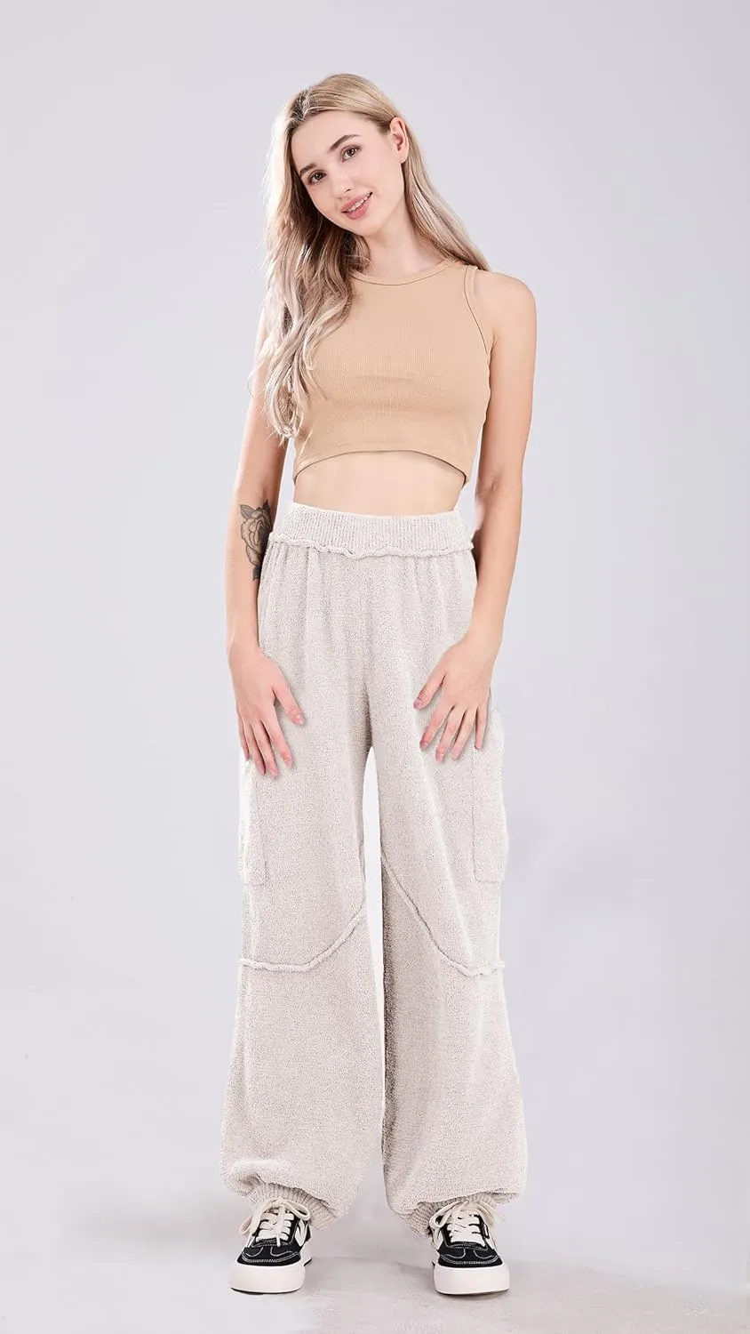 utcoco Women's Fuzzy Fleece Wide Leg Pants Elastic Waist Knit Pants Casual Comfy Lounge Trousers with Pockets