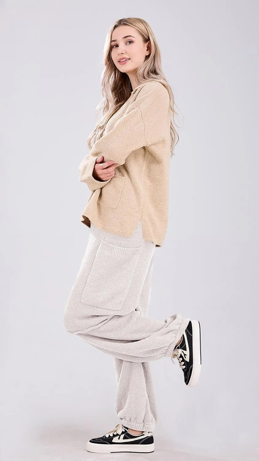 utcoco Women's Fuzzy Fleece Wide Leg Pants Elastic Waist Knit Pants Casual Comfy Lounge Trousers with Pockets