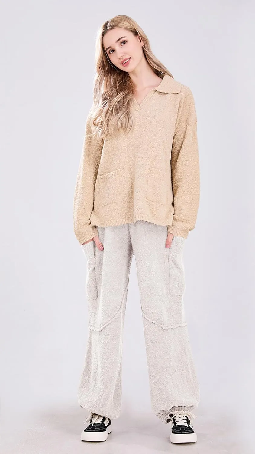 utcoco Women's Fuzzy Fleece Wide Leg Pants Elastic Waist Knit Pants Casual Comfy Lounge Trousers with Pockets