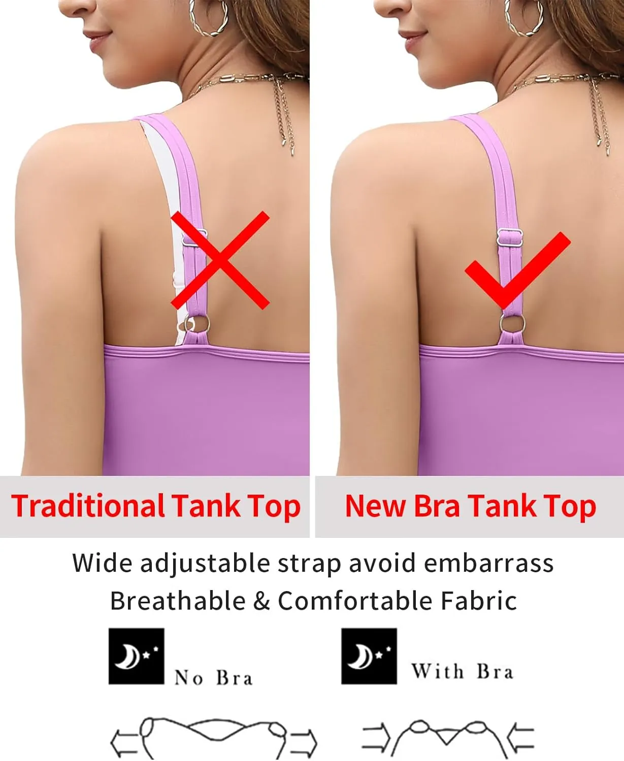 V FOR CITY Women's Tank Top with Built in Bras Adjustable Wide Strap Padded Camisole Summer Cami Shirts