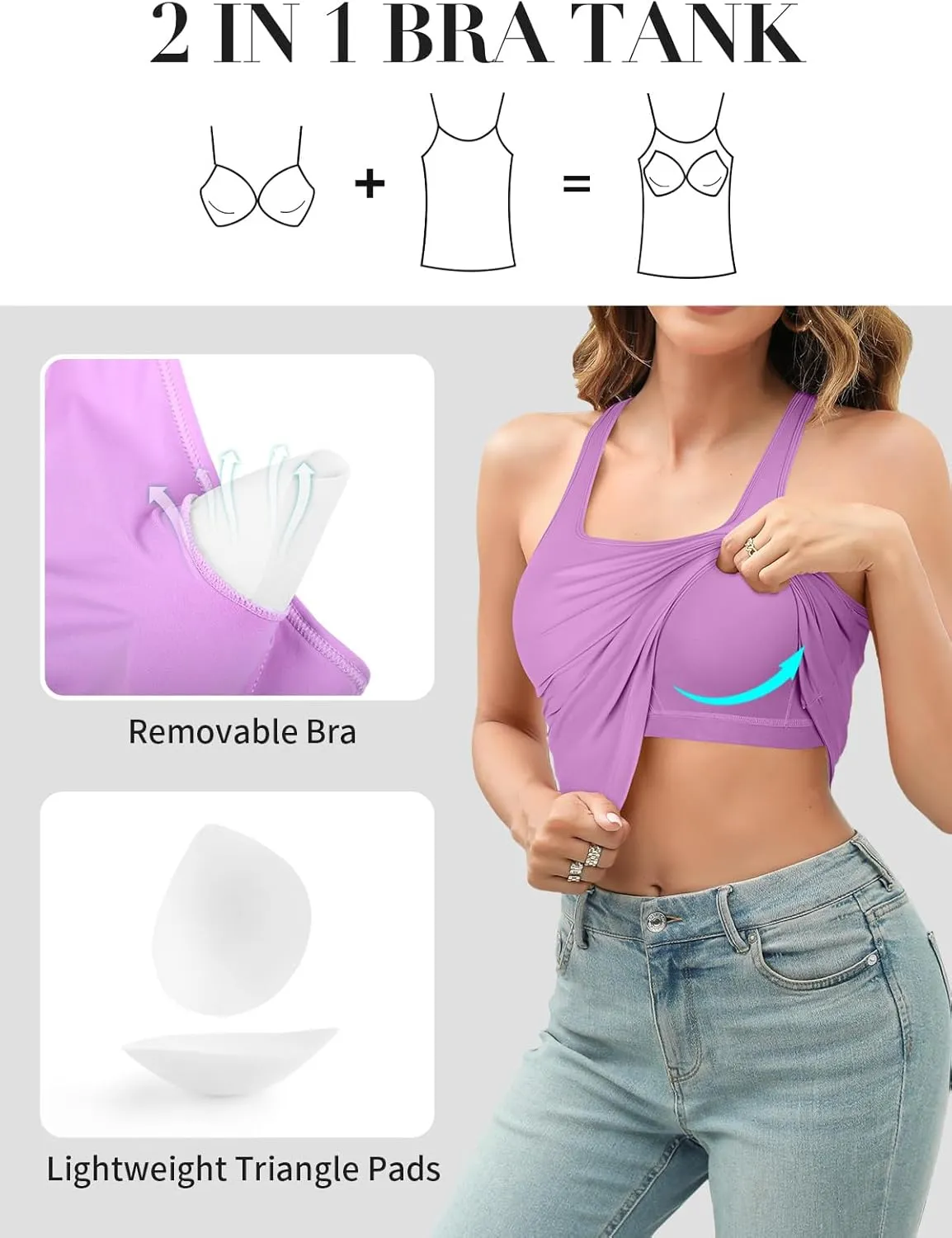 V FOR CITY Women's Tank Top with Built in Bras Adjustable Wide Strap Padded Camisole Summer Cami Shirts