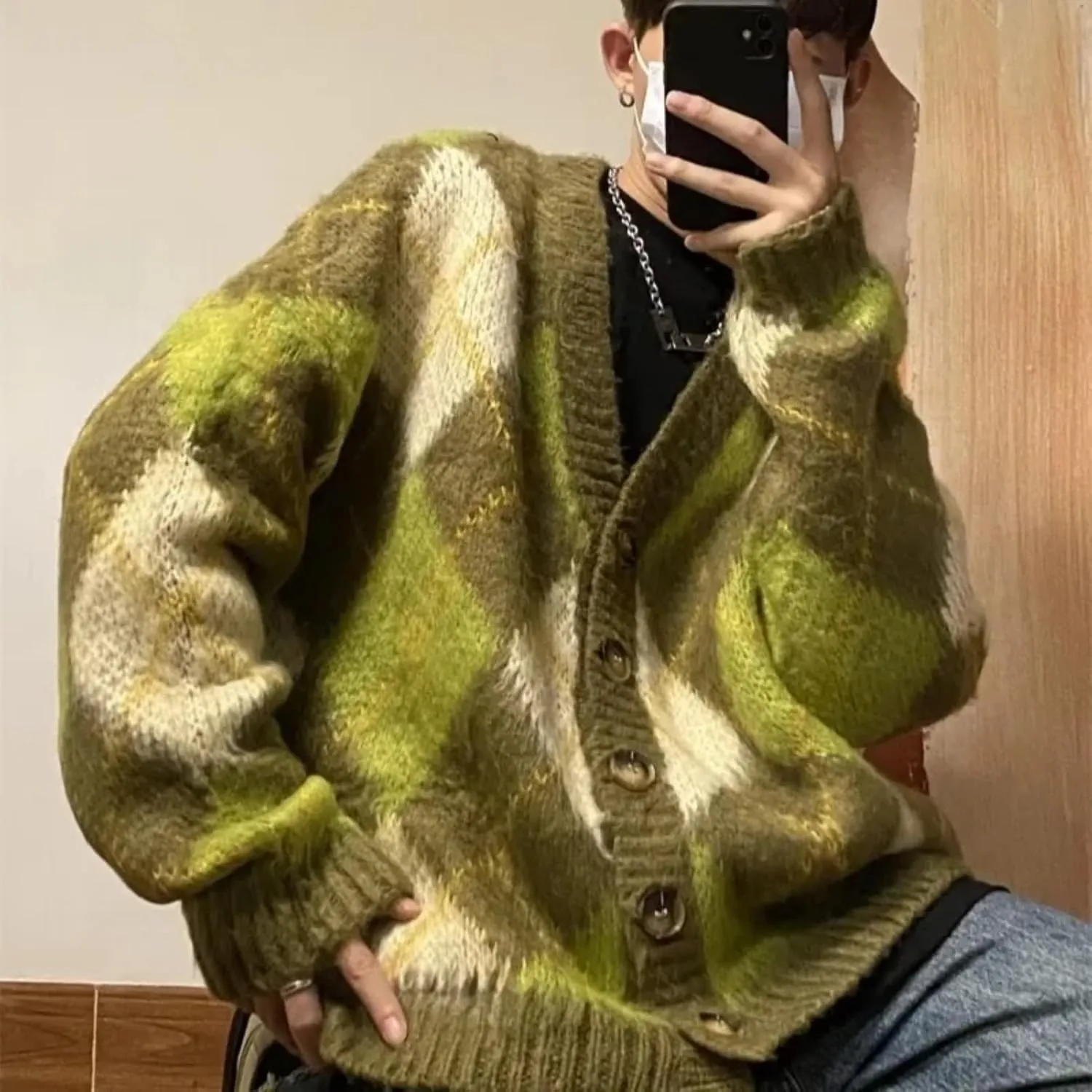 V-Neck Cardigans Unisex Casual Vintage High Street Argyle Knitted Coats Warm Autumn Winter
