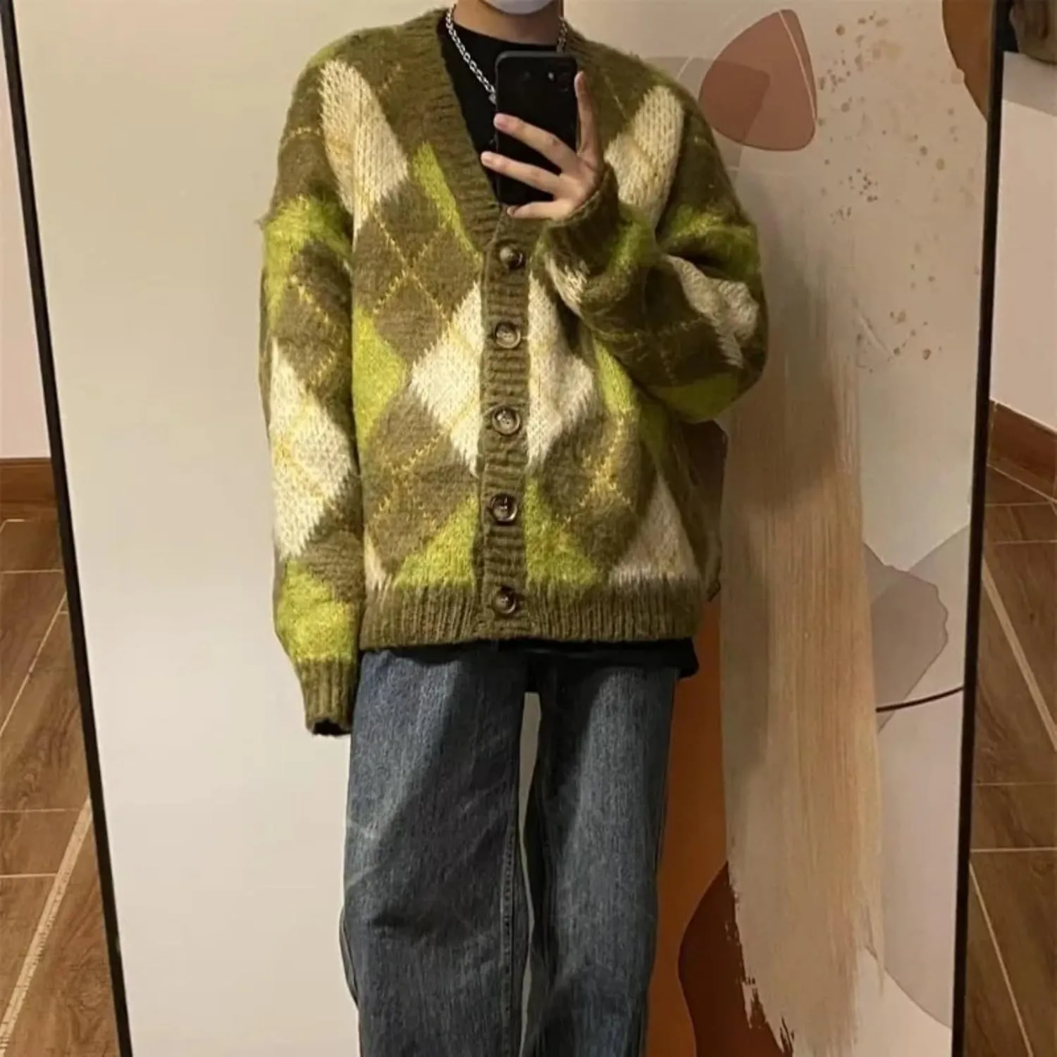 V-Neck Cardigans Unisex Casual Vintage High Street Argyle Knitted Coats Warm Autumn Winter