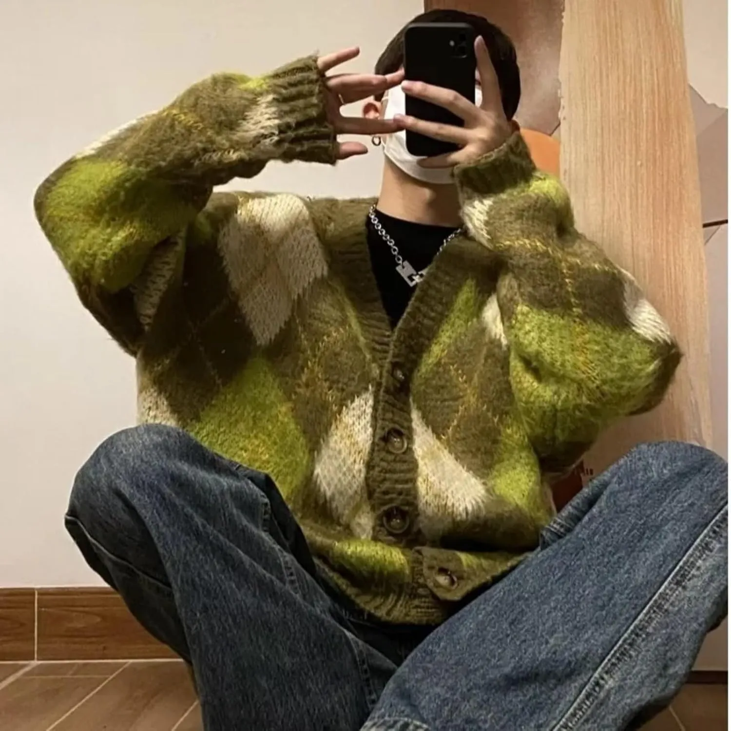 V-Neck Cardigans Unisex Casual Vintage High Street Argyle Knitted Coats Warm Autumn Winter