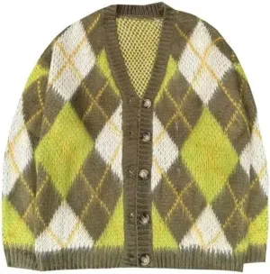 V-Neck Cardigans Unisex Casual Vintage High Street Argyle Knitted Coats Warm Autumn Winter