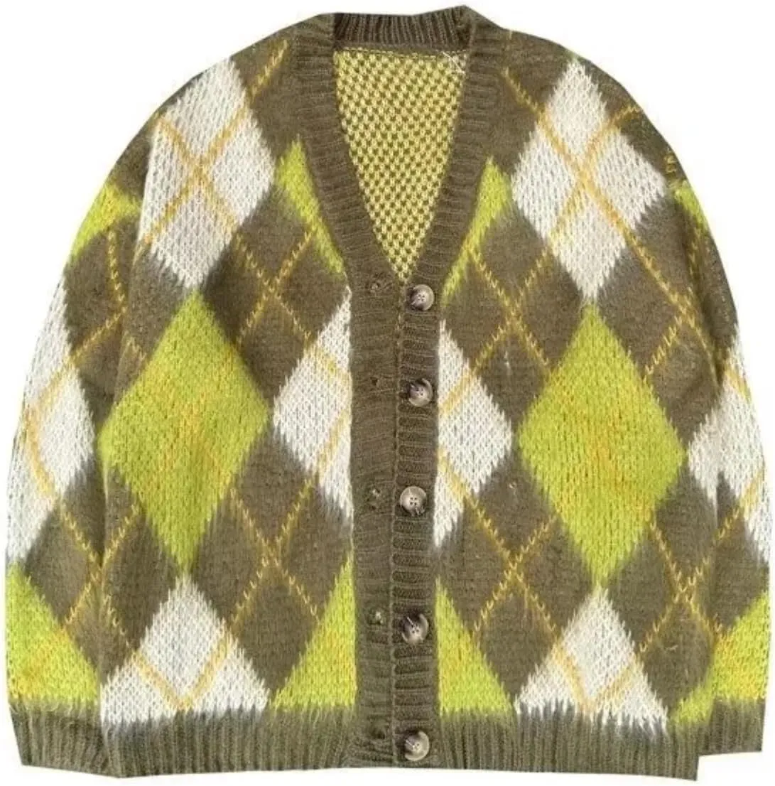 V-Neck Cardigans Unisex Casual Vintage High Street Argyle Knitted Coats Warm Autumn Winter