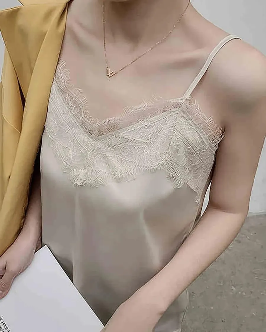 V-Neck Lace Silk Camisole for Women  19 Momme Silk Charmeuse Spaghetti Strap Tank Top, Elegant Lace Trim