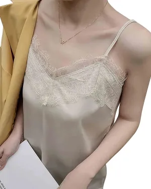 V-Neck Lace Silk Camisole for Women  19 Momme Silk Charmeuse Spaghetti Strap Tank Top, Elegant Lace Trim
