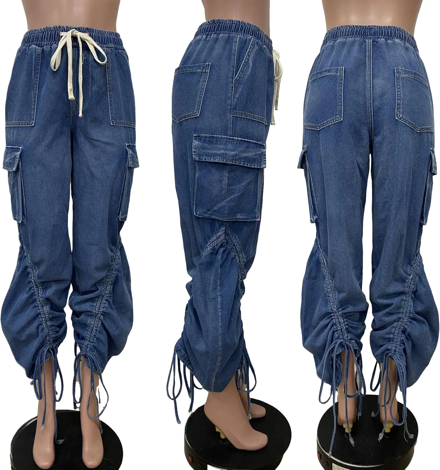 Vakkest Wide Leg Baggy Jeans for Women Elastic Waist Pleated Drawstring Denim Harem Pants Casual Loose Cropped Trousers