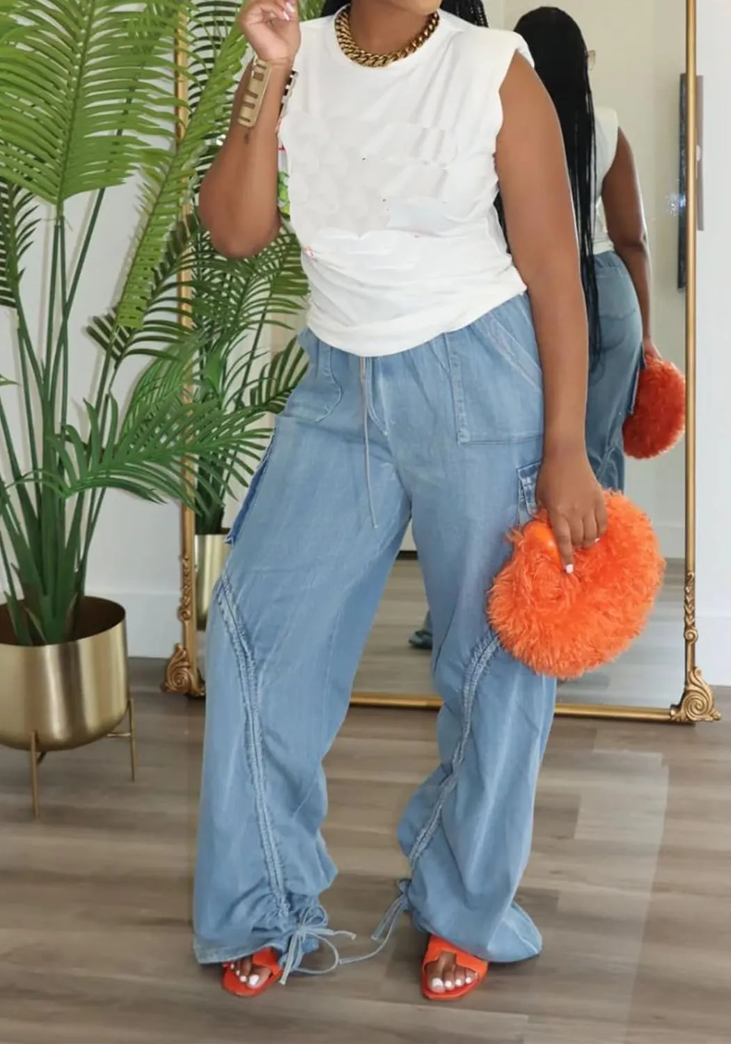 Vakkest Wide Leg Baggy Jeans for Women Elastic Waist Pleated Drawstring Denim Harem Pants Casual Loose Cropped Trousers