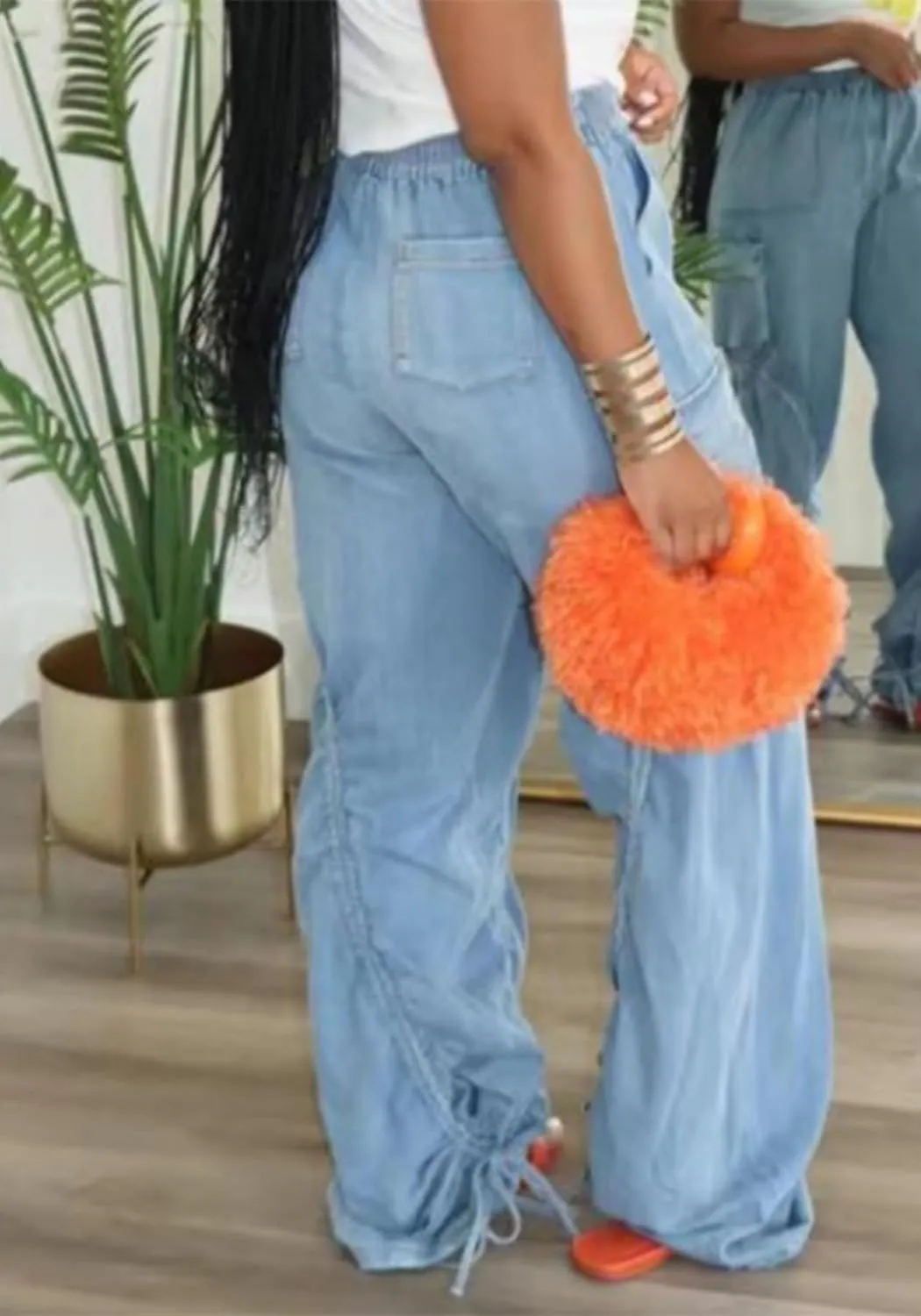 Vakkest Wide Leg Baggy Jeans for Women Elastic Waist Pleated Drawstring Denim Harem Pants Casual Loose Cropped Trousers