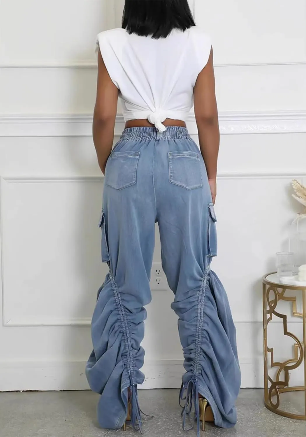 Vakkest Wide Leg Baggy Jeans for Women Elastic Waist Pleated Drawstring Denim Harem Pants Casual Loose Cropped Trousers
