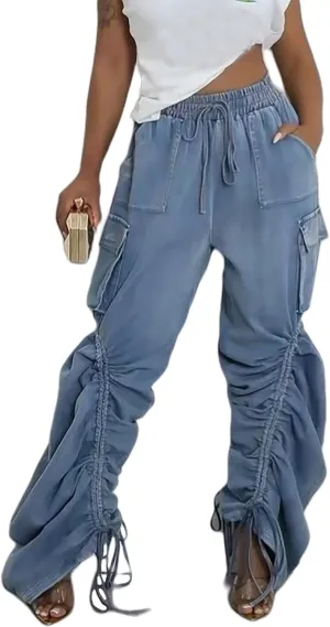Vakkest Wide Leg Baggy Jeans for Women Elastic Waist Pleated Drawstring Denim Harem Pants Casual Loose Cropped Trousers