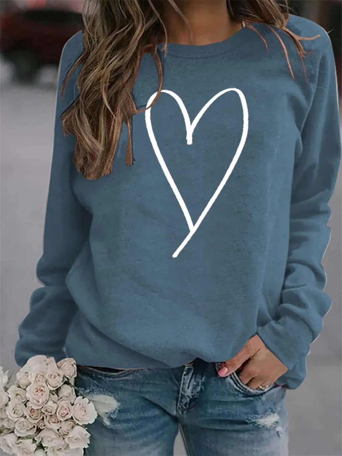Valentines Crewneck Pullover Shirts Women Long Sleeve Love Heart Sweatshirts Graphic Lover Gift