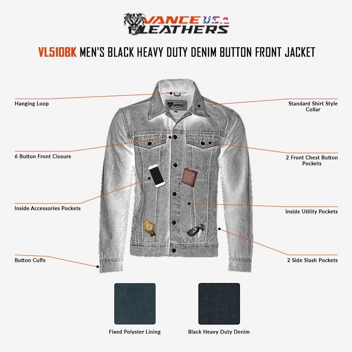Vance Men's Heavy Duty Trucker Denim Button Front Motorcycle Jacket