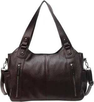 Vegan Leather Tote Bag for Women | Stylish Soft Leather Hobo Purse with Multi Pockets - Perfect Crossbody Handbag (Black)(Coffee)