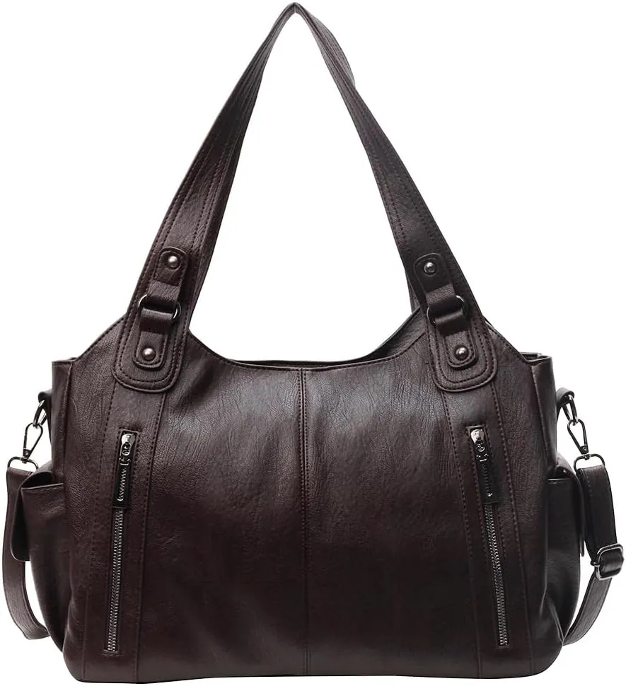 Vegan Leather Tote Bag for Women | Stylish Soft Leather Hobo Purse with Multi Pockets - Perfect Crossbody Handbag (Black)(Coffee)