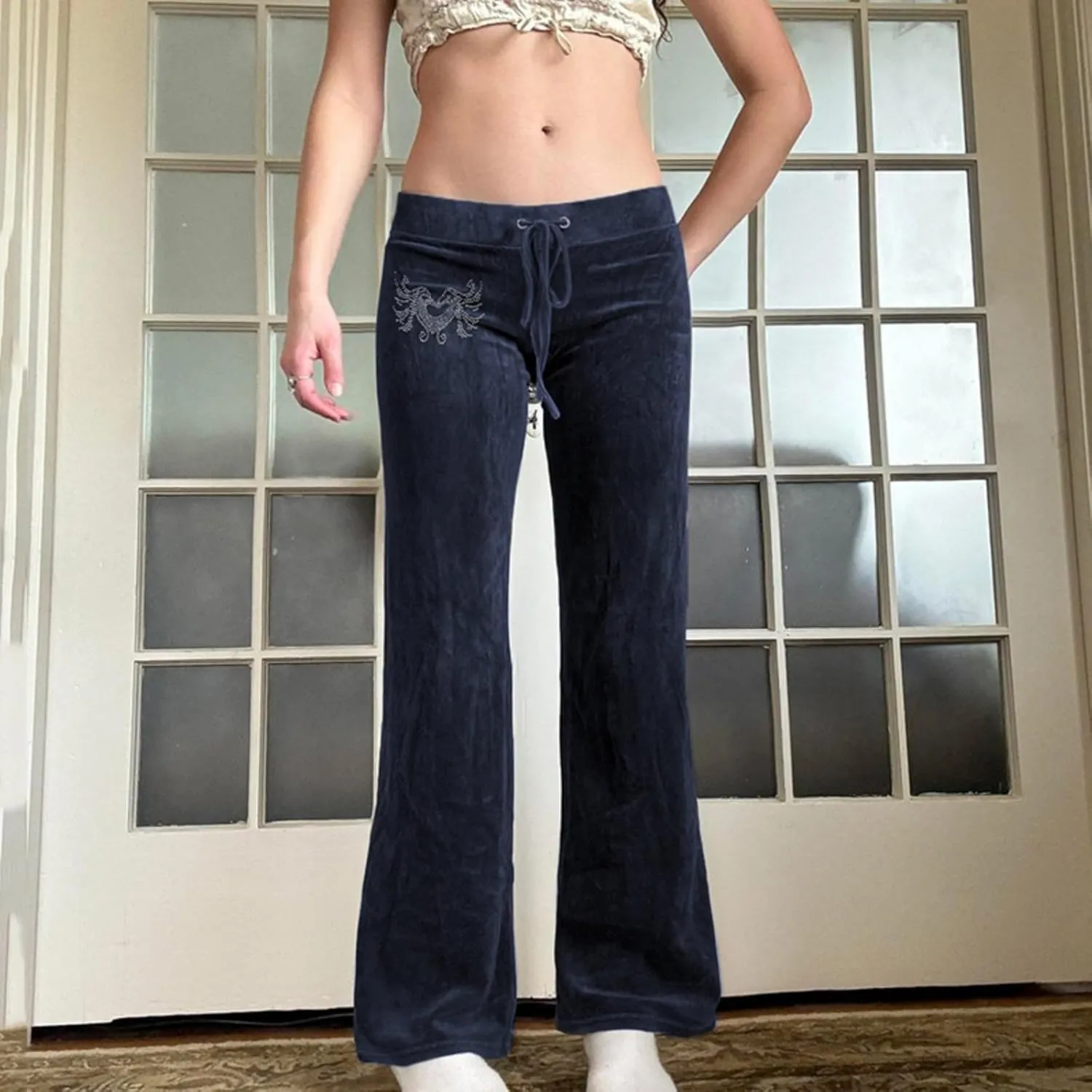 Velvet Star Rhinestone Flare Pants for Women, Bootcut Low Rise Drawstring Bell Bottoms, Y2K Streetwear