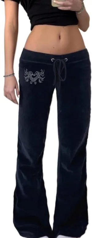 Velvet Star Rhinestone Flare Pants for Women, Bootcut Low Rise Drawstring Bell Bottoms, Y2K Streetwear