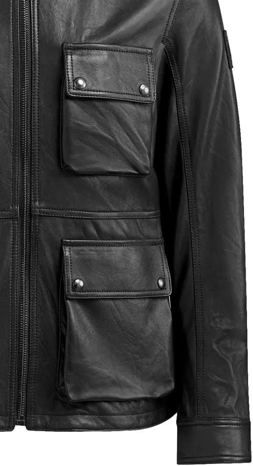 Ventro Black Mens Real Lambskin Military Leather Jacket Patch Pocket