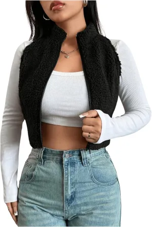 Verdusa Women's Fuzzy Fleece Zip Up Crop Vest Sleeveless Jacket