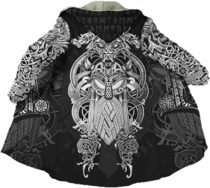 Viking Hooded Cloak Nordic Compass Runes Tattoo Coats For Men Winter Hooded Poncho Thick Warm Norse Viking Cape