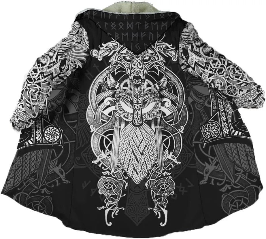Viking Hooded Cloak Nordic Compass Runes Tattoo Coats For Men Winter Hooded Poncho Thick Warm Norse Viking Cape