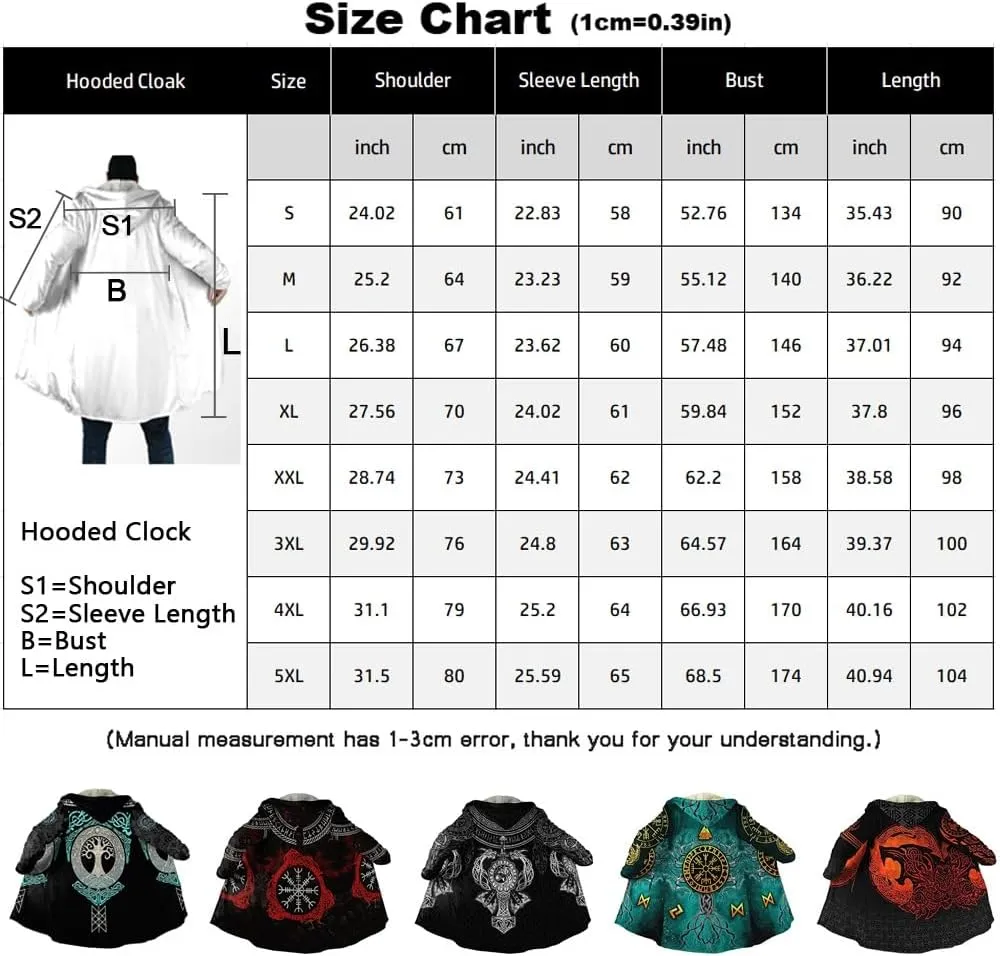 Viking Hooded Cloak Nordic Compass Runes Tattoo Coats For Men Winter Hooded Poncho Thick Warm Norse Viking Cape