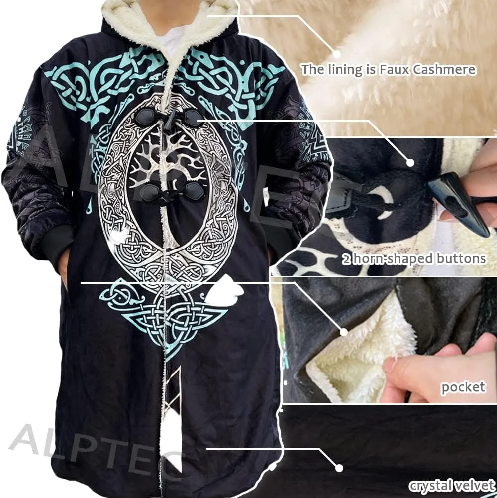 Viking Hooded Cloak Nordic Compass Runes Tattoo Coats For Men Winter Hooded Poncho Thick Warm Norse Viking Cape