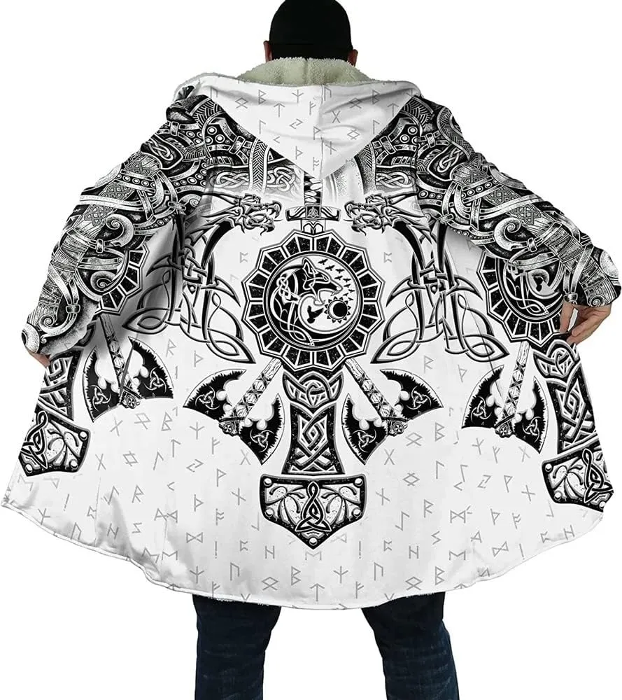 Viking Hooded Coats Unisex Faux Cashmere Robe Warm Long Sleeve Cloak Norse Myth Compass And Odin Raven Tattoo Overcoat