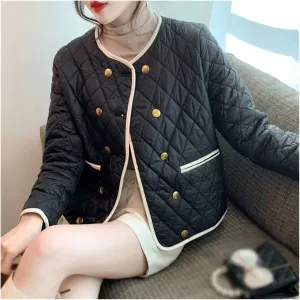 Vintage O-Neck Parka Coat Women Double-Breasted Down Cotton Jacket Warm Cotton Padded Parkas(XXL 65-73KG)
