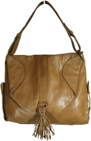 Vintage Style Hobo Shoulder Bag, Tan Leather, Tassel Detail