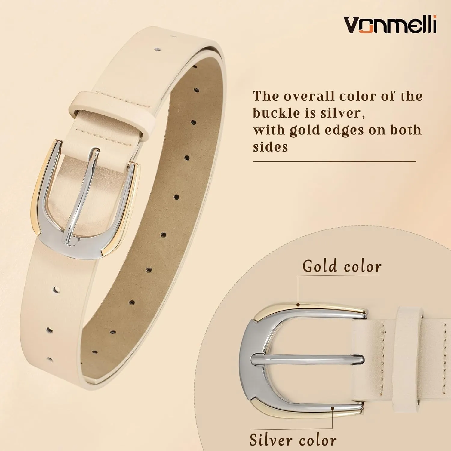 VONMELLI Women Leather Belt for Pants Jeans Dresses Ladies Belts with Fashion Gold Silver Buckle