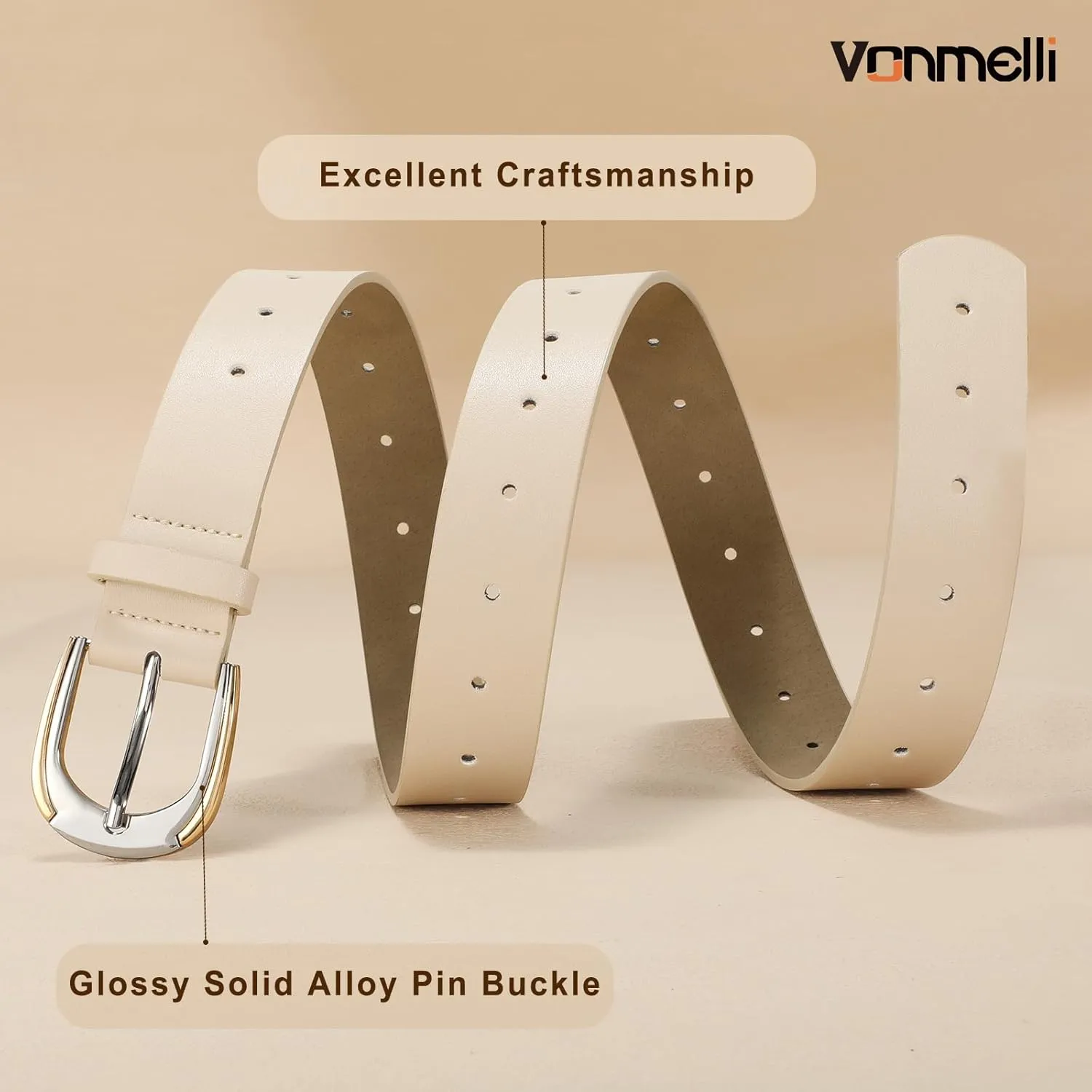 VONMELLI Women Leather Belt for Pants Jeans Dresses Ladies Belts with Fashion Gold Silver Buckle