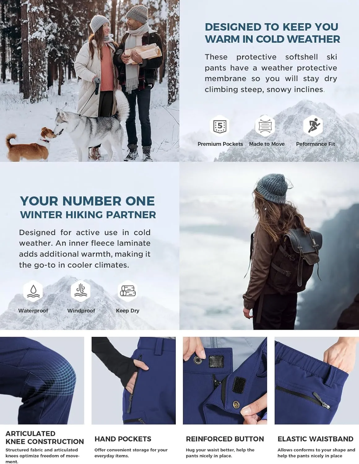 Wespornow Women's-Fleece-Lined-Hiking-Pants Snow-Ski-Pants Water-Resistance-Outdoor-Softshell-Insulated-Pants for Winter