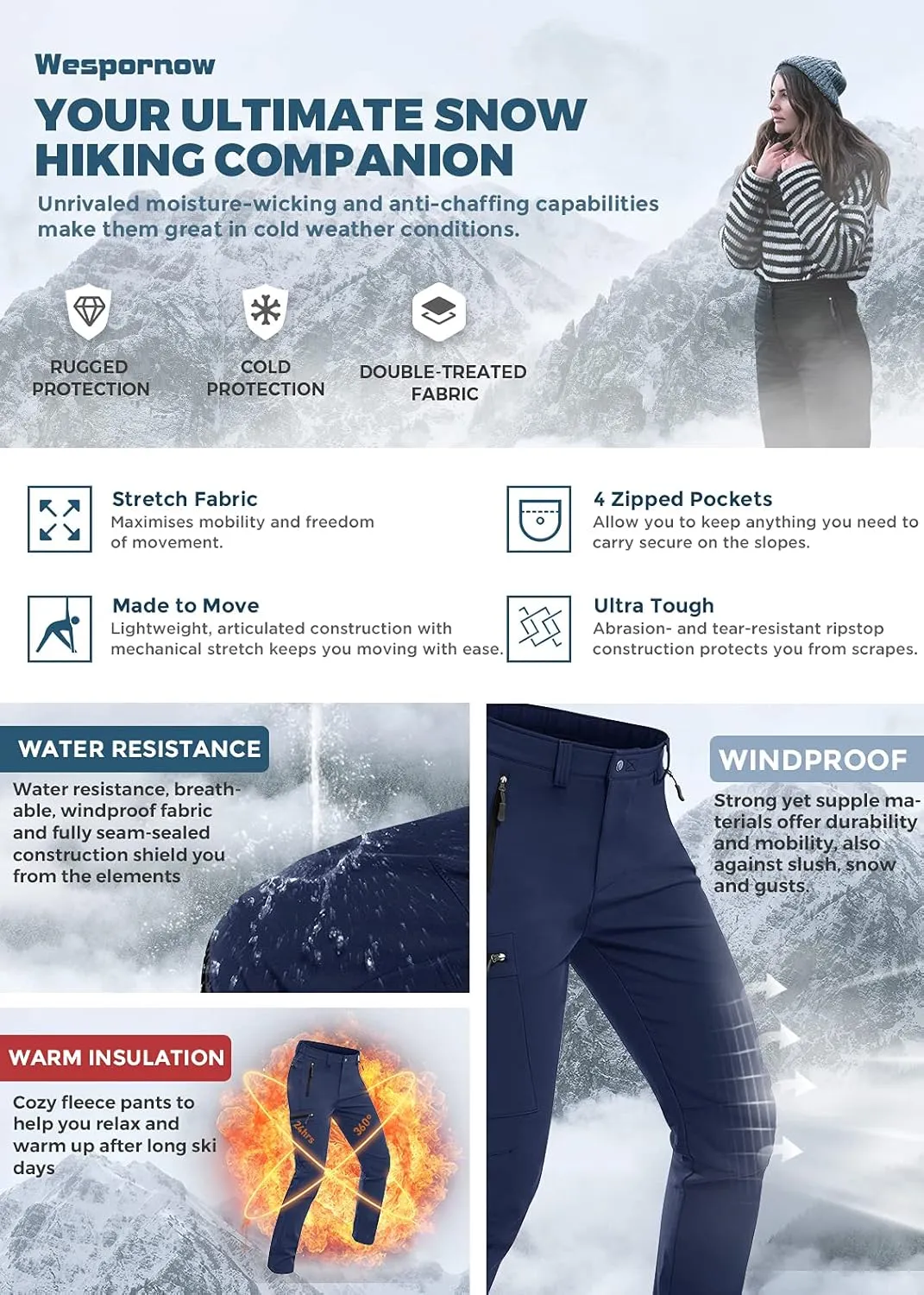 Wespornow Women's-Fleece-Lined-Hiking-Pants Snow-Ski-Pants Water-Resistance-Outdoor-Softshell-Insulated-Pants for Winter