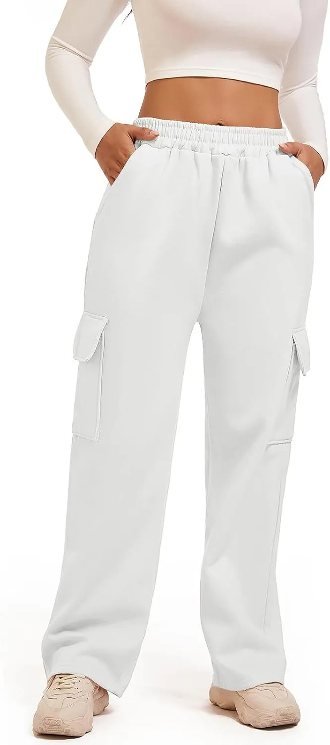 Wide Leg Cargo Sweatpants for Women High Waisted Baggy Fleece Joggers Casual Athletic Sweats Pants with Pockets