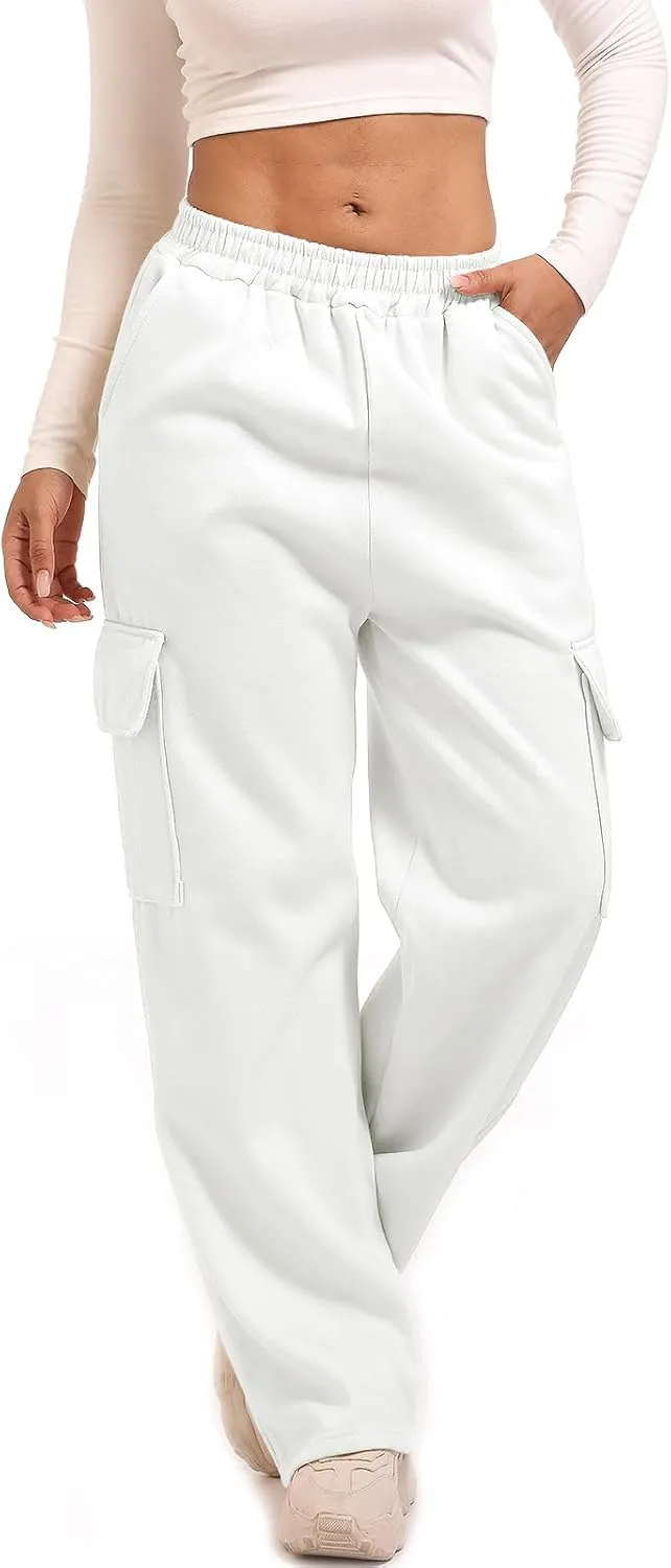 Wide Leg Cargo Sweatpants for Women High Waisted Baggy Fleece Joggers Casual Athletic Sweats Pants with Pockets