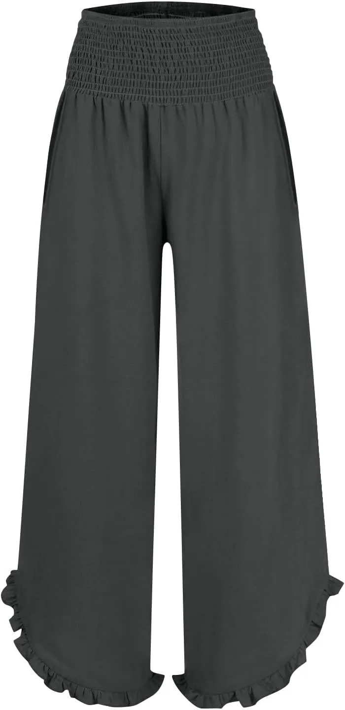 Wide Leg Linen Pants for Women Casual High Waisted Palazzo Pant Lightweight Summer Flowy Beach Pants with Pockets