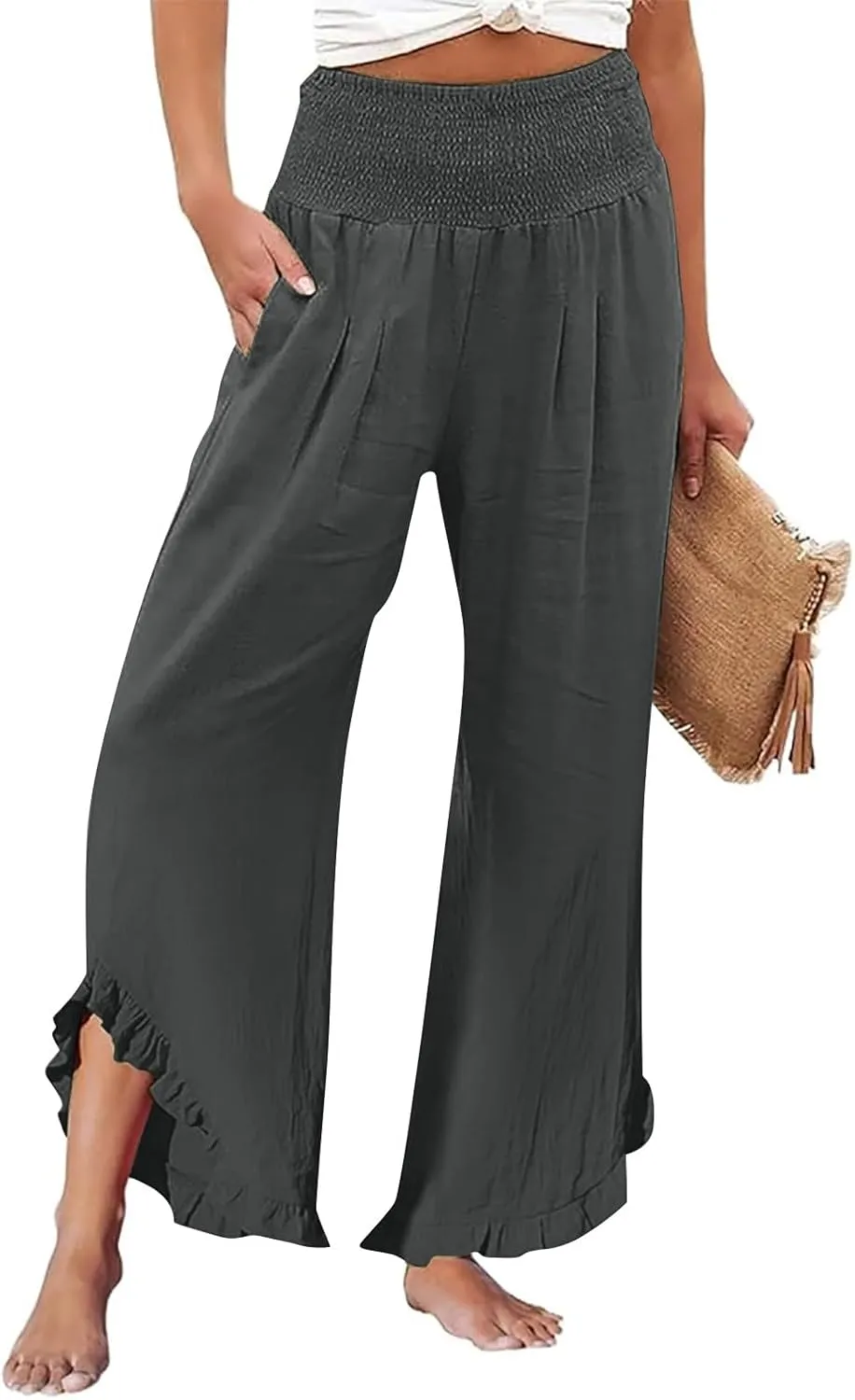Wide Leg Linen Pants for Women Casual High Waisted Palazzo Pant Lightweight Summer Flowy Beach Pants with Pockets