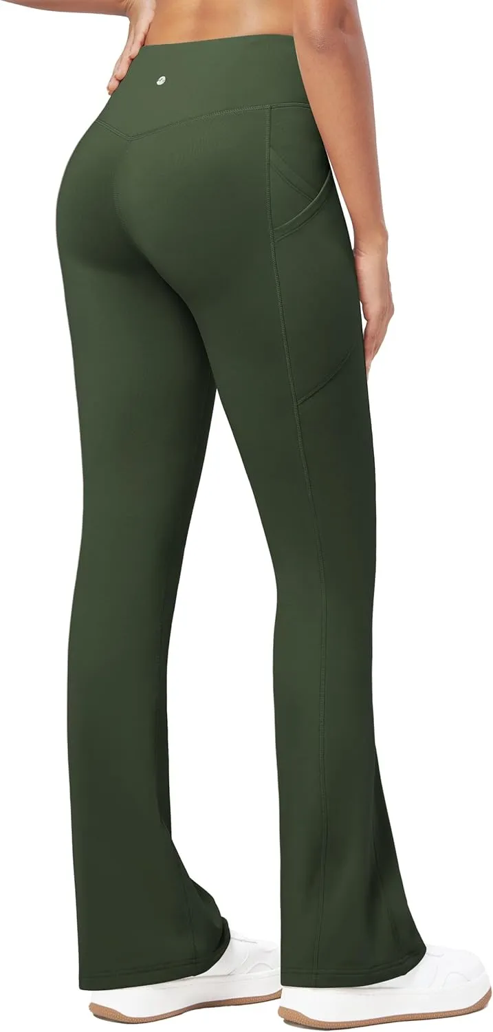 Willit Women's Fleece Lined Pants Thermal Leggings Winter Bootcut Yoga Pants Zipper Pockets Flare High Waist Water Resistant