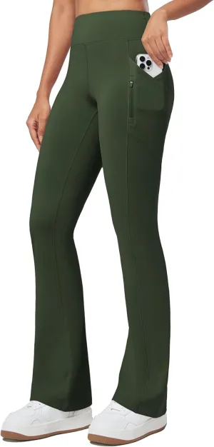 Willit Women's Fleece Lined Pants Thermal Leggings Winter Bootcut Yoga Pants Zipper Pockets Flare High Waist Water Resistant